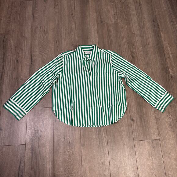 Madewell Poplin Easy Y-Neck Button-Up Shirt WMNS L Green White Sriped NU737 LS - Picture 4 of 8